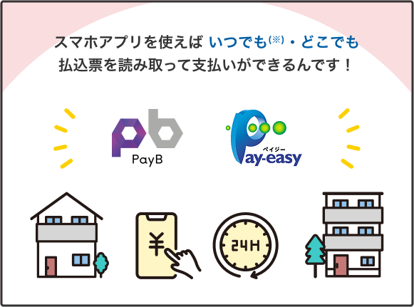 スマホアプリを使えばいつでも（※）・どこでも払込票を読み取って支払いができるんです！ PayB Pay-easy（ペイジー）