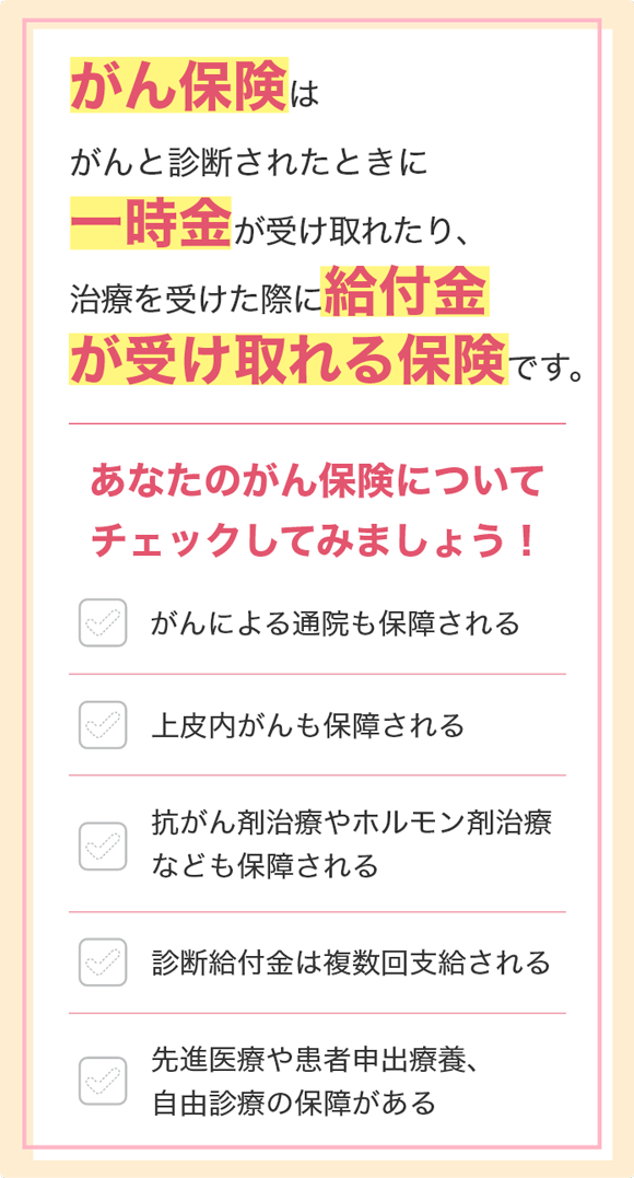 がん保険はがんと診断されたときに一時金が受け取れたり、治療を受けた際に給付金が受け取れる保険です。 あなたのがん保険についてチェックしてみましょう! がんによる通院も保障される 上皮内がんも保障される 抗がん剤治療やホルモン剤治療なども保障される 診断給付金は複数回支給される 先進医療や患者申出療養、自由診療の保障がある