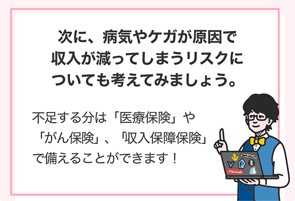 次に、病気やケガが原因で収入が減ってしまうリスクについても考えてみましょう。 不足する分は「医療保険」や「がん保険」、「収入保障保険」で備えることができます!