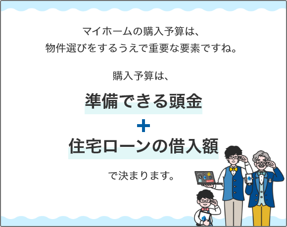 マイホームの購入予算は、物件選びをするうえで重要な要素ですね。購入予算は、準備できる頭金＋住宅ローンの借入額で決まります。