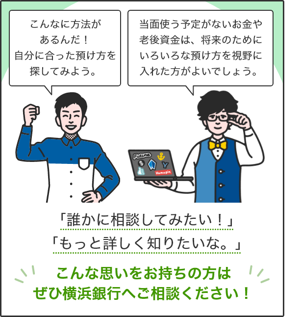 「こんなに方法があるんだ！自分に合った預け方を探してみよう。」「当面使う予定がないお金や老後資金は、将来のためにいろいろな預け方を視野に入れた方がよいでしょう。」 「誰かに相談してみたい！」「もっと詳しく知りたいな。」こんな思いをお持ちの方はぜひ横浜銀行へご相談ください！