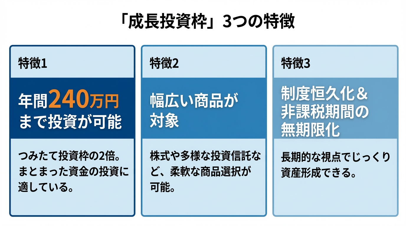 「成長投資枠」3つの特徴 特徴1 年間240万円まで投資が可能 つみたて投資枠の2倍。まとまった資金の投資に適している。 特徴2 幅広い商品が対象 株式や多様な投資信託など、柔軟な商品選択が可能。 特徴3 制度恒久化&非課税期間の無期限化 長期的な視点でじっくり資産形成できる。