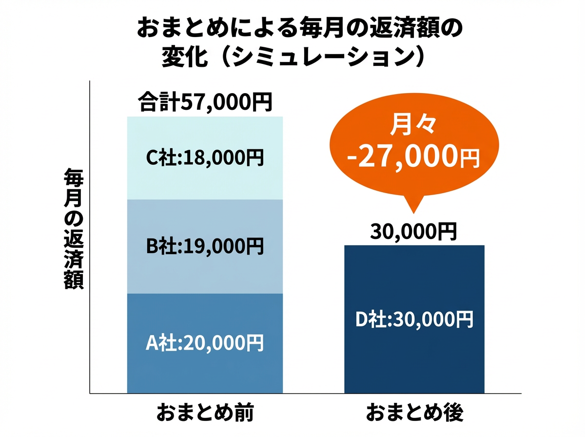 おまとめによる毎月の返済額の変化（シミュレーション）おまとめ前 毎月の返済額「A社：20,000円 B社：19,000円 C社：18,000円 合計57,000円 おまとめ後 「D社：30,000円 合計30,000円 月々-27,000円」