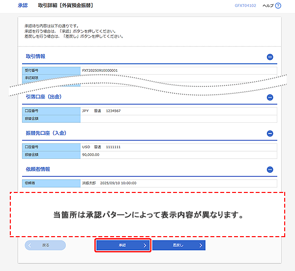 [GFXT04102]承認 取引詳細（外貨預金振替）画面