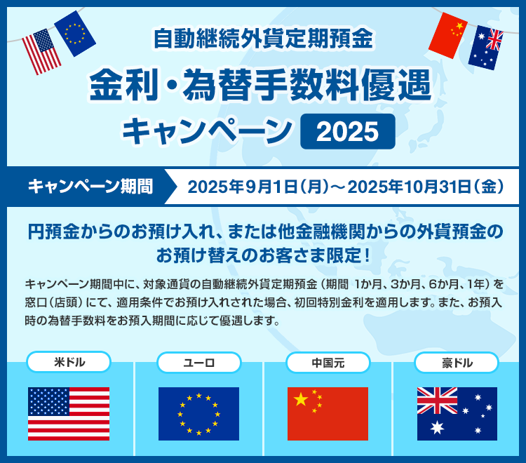 自動継続外貨定期預金　金利・為替手数料優遇キャンペーン2025 キャンペーン期間：2025年9月1日（月）～2025年10月31日（金） 円預金からのお預け入れ、または他金融機関からの外貨預金のお預け替えのお客さま限定！キャンペーン期間中に、対象通貨の自動継続外貨定期預金（期間1か月、3か月、6か月、1年）を窓口（店頭）にて、適用条件でお預入れされた場合、初回特別金利を適用します。 また、お預入時の為替手数料をお預入期間に応じて優遇します。 対象通貨：米ドル、ユーロ、中国元、豪ドル