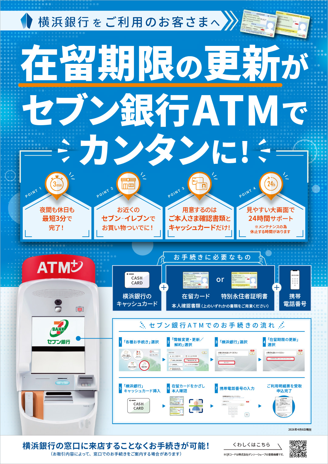 横浜銀行をご利用のお客さまへ 在留期限の更新がセブン銀行ATMでカンタンに！ POINT1夜間も休日も最短3分で完了！ POINT2お近くのセブン-イレブンでお買い物ついでに！ POINT3用意するのはご本人さま確認書類とキャッシュカードだけ！ POINT4見やすい大画面で24時間サポート※メンテナンスの為休止する時間があります お手続きに必要なもの 横浜銀行のキャッシュカード+在留カードor特別永住証明書［本人確認書類（上のいずれかの書類をご用意ください）］+携帯電話番号