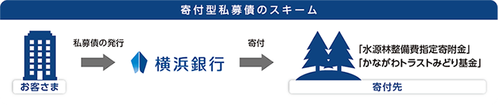 寄付型私募債のスキーム お客さまから私募債の発行 横浜銀行から寄付 寄付先「水源林整備費指定寄附金」「かながわトラストみどり基金」