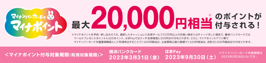 マイナンバーカードでマイナポイント 最大20,000円相当※のポイントが付与される！　※マイナポイントを予約・申し込みのうえ、選択したキャッシュレス決済サービスで2万円以上のお買い物またはチャージをした場合で、横浜バンクカードではワールドプレゼントポイント5,000ポイント、はまPayではタッチ決済残高5,000円分が付与されます。さらに、マイナポイントアプリ等でマイナンバーカードを健康保険証として利用申込することで7,500円相当分、公金受取口座の登録で7,500円相当分、合計20,000円相当分が付与されます。　〈マイナポイント付与対象期限（利用対象期限）〉横浜バンクカード 2023年3月31日（金） はまPay 2023年9月30日（土）　※マイナンバーカード申請期限は2023年2月28日（火）です。