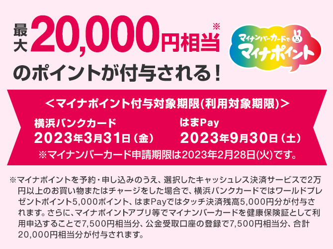 マイナンバーカードでマイナポイント 最大20,000円相当※のポイントが付与される！　※マイナポイントを予約・申し込みのうえ、選択したキャッシュレス決済サービスで2万円以上のお買い物またはチャージをした場合で、横浜バンクカードではワールドプレゼントポイント5,000ポイント、はまPayではタッチ決済残高5,000円分が付与されます。さらに、マイナポイントアプリ等でマイナンバーカードを健康保険証として利用申込することで7,500円相当分、公金受取口座の登録で7,500円相当分、合計20,000円相当分が付与されます。　〈マイナポイント付与対象期限（利用対象期限）〉横浜バンクカード 2023年3月31日（金） はまPay 2023年9月30日（土）　※マイナンバーカード申請期限は2023年2月28日（火）です。