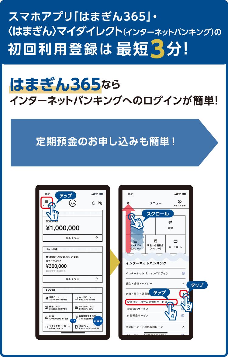 スマホアプリ「はまぎん365」・〈はまぎん〉マイダイレクト（インターネットバンキング）の初回利用登録は最短3分！ はまぎん365ならインターネットバンキングへのログインが簡単！ 定期預金のお申し込みも簡単！