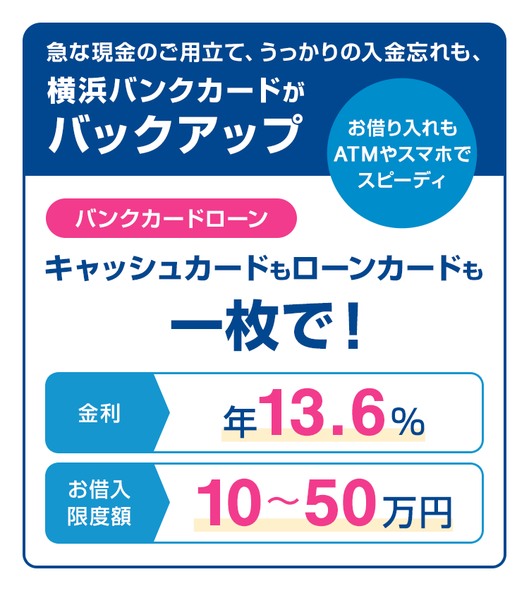 急な現金のご用立て、うっかりの入金忘れも、横浜バンクカードがバックアップ お借入れもATMやスマホでスピーディ バンクカードローン キャッシュカードもローンカードも一枚で！ 金利 年13.6％ お借入限度額 10～50万円