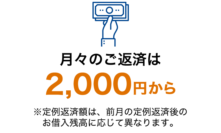 月々のご返済は2,000円〜 ※定例返済額は、前月の定例返済後のお借入残高に応じて異なります。