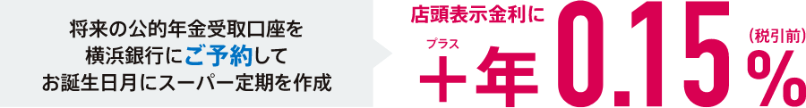 将来の公的年金受取口座を横浜銀行にご予約してお誕生日月にスーパー定期を作成  店頭表示金利に+年0.15%（税引前）