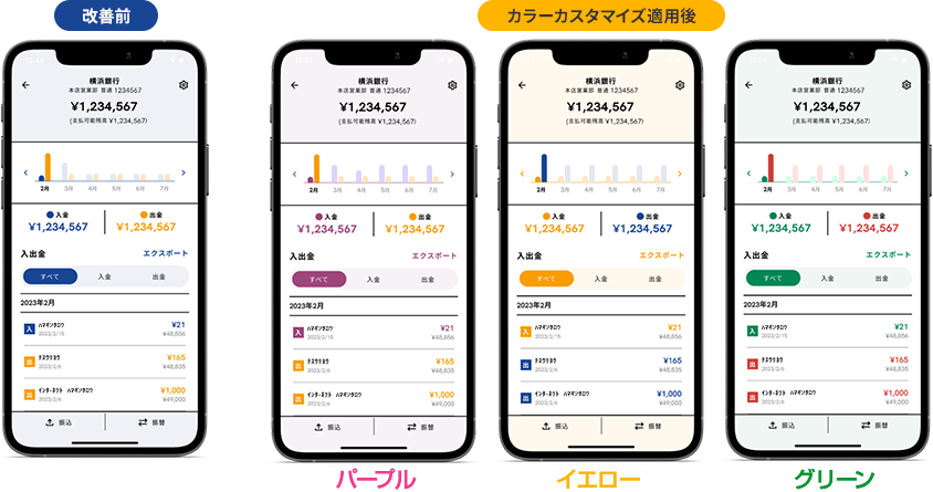 改善前　カラーカスタマイズ適用後（パープル、イエロー、グリーン）