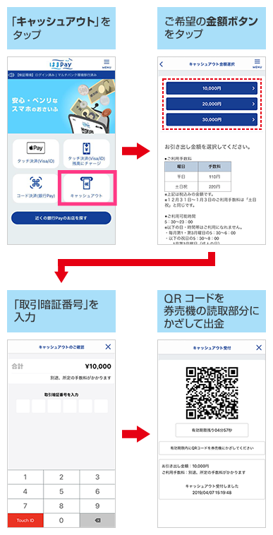 「キャッシュアウト」をタップ→ご希望の金額ボタンをタップ→「取引暗証番号」を入力→QRコードを券売機の読取部分にかざして出金