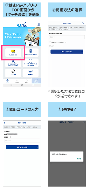 ①はまPayアプリのTOP画面から「タッチ決済」を選択 ②認証方法の選択 ※選択した方法で認証コードが送付されます ③認証コードの入力 ④登録完了