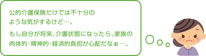 公的介護保険だけでは不十分のような気がするけど…。 もし自分が将来、介護状態になったら、家族の肉体的・精神的・経済的負担が心配だなぁ…。