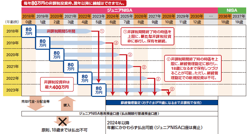 毎年80万円の非課税投資枠。翌年以降に繰越はできません。 ジュニアNISA (年齢例)( 2018年 0歳 80万円 非課税期間5年間 2023年5歳 (1)、 2019年 1歳 80万円 非課税期間5年間 2024年6歳 (2)、 2020年 2歳 80万円 非課税期間5年間 2025年7歳 (2)、 2021年 3歳 80万円 非課税期間5年間 2026年 8歳(2)、 2022年 4歳 80万円 非課税期間5年間 2027年 9歳(2)、 2023年 5歳 80万円 非課税期間5年間 2028年 10歳(2)、 2024年 6歳 80万円 非課税期間5年間、 2025年 7歳、 2026年 8歳、 2027年 9歳、 2028年 10歳、 2029年 11歳、 2030年 12歳、 ... 2036年 18歳、 2037年 19歳) 非課税投資枠は 最大400万円、 (1)非課税期間終了時の時価を上限に、新たな非課税投資枠に移行し、保有を継続。 (2)非課税期間終了時の時価を上限に、継続管理勘定に移行し、18歳になるまで保有しつづけることが可能。ただし、継続管理勘定での新規投資は不可。 継続管理勘定(お子さまが18歳になるまで非課税で保有)→ジュニアNISA専用預金口座(払出制限付普通預金口座) 、ジュニアNISA→売却代金・分配金等→ジュニアNISA専用預金口座(払出制限付普通預金口座) 、ジュニアNISA専用預金口座(払出制限付普通預金口座)→購入→ジュニアNISA 、ジュニアNISA専用預金口座(払出制限付普通預金口座) 2023年まで原則、18歳までは払出不可 2024年以降年齢にかかわらず払出可能(ジュニアNISA口座は廃止)