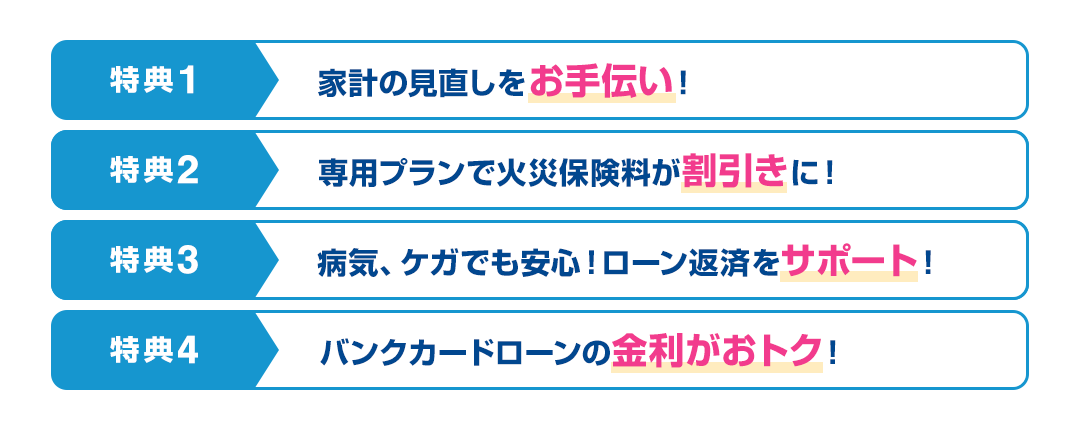 特典1 家計の見直しをお手伝い！　特典2 専用プランで火災保険料が割引きに！　特典3 病気、ケガでも安心！ローン返済をサポート！　特典4 バンクカードローンの金利がおトク！