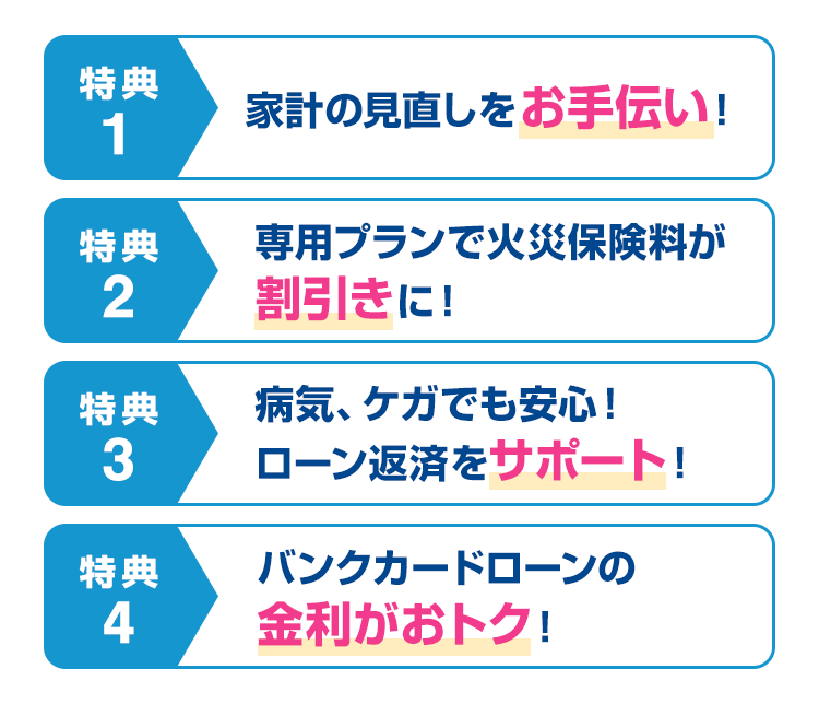 特典1 家計の見直しをお手伝い！　特典2 専用プランで火災保険料が割引きに！　特典3 病気、ケガでも安心！ローン返済をサポート！　特典4 バンクカードローンの金利がおトク！