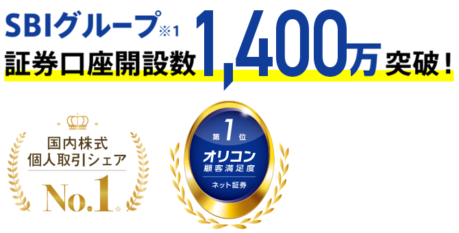 SBIグループ※1 証券口座開設数1,400万突破! 国内株式個人取引シェアNO.1 オリコン顧客満足度第1位 ネット証券