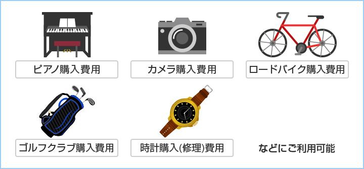 ピアノ購入費用　カメラ購入費用　ロードバイク購入費用　ゴルフクラブ購入費用　時計購入（修理）費用　などにご利用可能