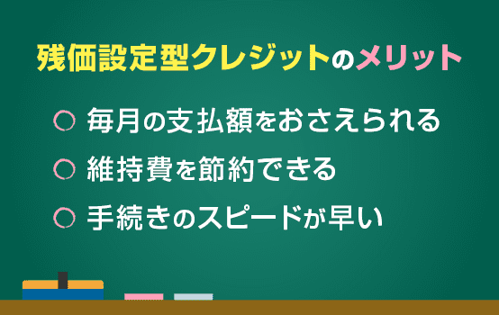 残価設定型クレジットのメリット〇毎月の支払額をおさえられる〇維持費を節約できる〇手続きのスピードが速い