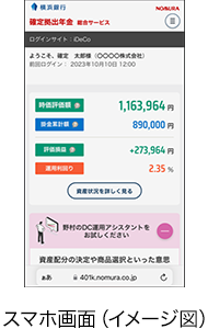 スマホ画面（イメージ図） ※加入者専用ホームページの運営は、野村證券株式会社に業務委託しています。