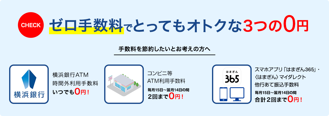 CHECK ゼロ手数料でとってもオトクな3つの0円 手数料を節約したいとお考えの方へ 横浜銀行ATM時間外利用手数料いつでも0円！ コンビ二等ATM利用手数料毎月15日～翌月14日の間2回まで0円！ スマホアプリ「はまぎん365」・〈はまぎん〉マイダレクト他行あて振込手数料毎月15日～翌月14日の間合計2回まで0円！