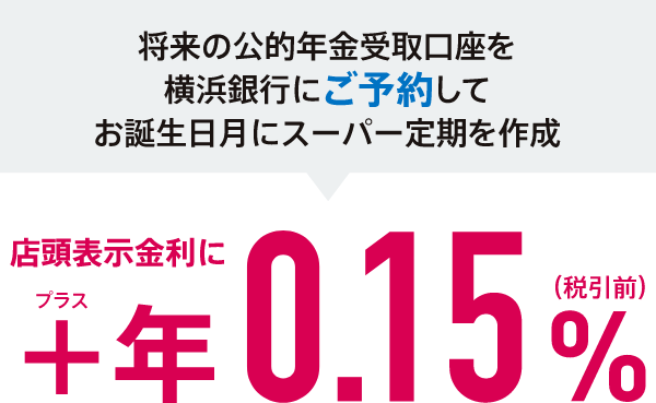 将来の公的年金受取口座を横浜銀行にご予約してお誕生日月にスーパー定期を作成  店頭表示金利に+年0.15%（税引前）