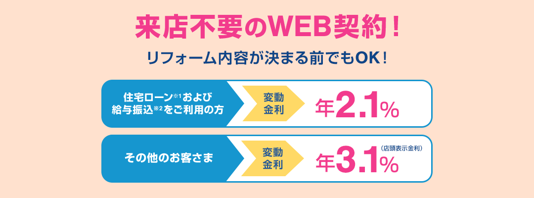 リフォームローンなら、横浜銀行 [住宅ローン※1および給与振込※2をご利用の方]変動金利 年1.7％ [その他のお客さま]変動金利 年2.7％（店頭表示金利） リフォーム内容が決まる前でもOK