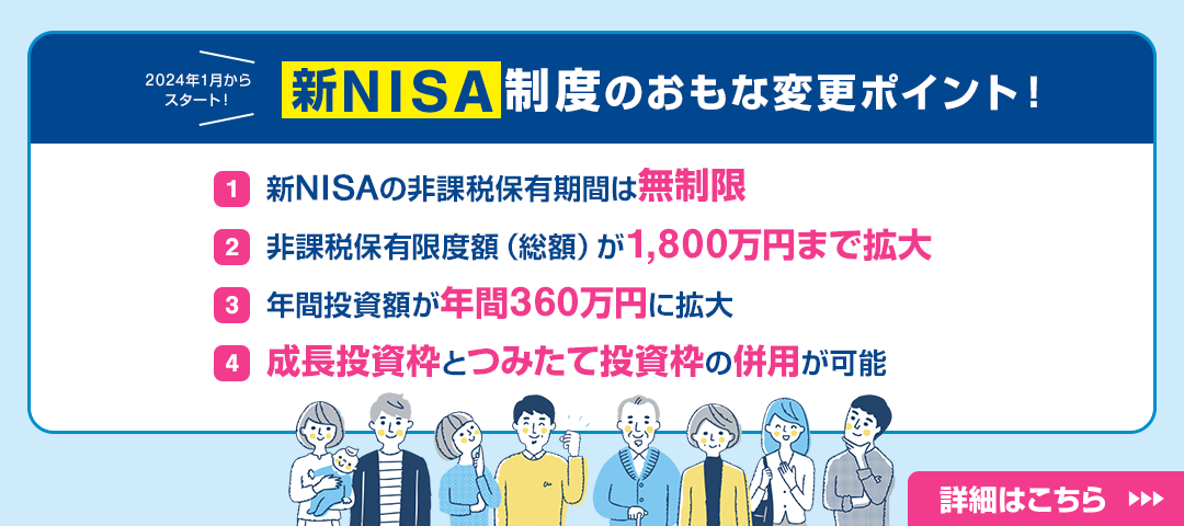 2024年1月からスタート！　新NISA制度のおもな変更ポイント！　①新NISAの非課税保有期間は無期限　②非課税保有限度額（総額）が1,800万円まで拡大　③年間投資額が年間360万円に拡大　④成長投資枠とつみたて投資枠の併用が可能　詳細はこちら