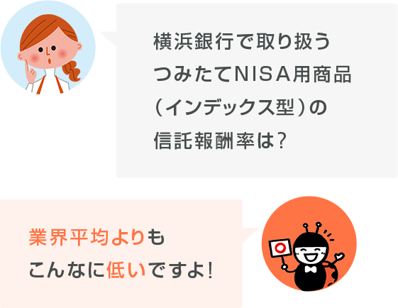 横浜銀行で取り扱うつみたてNISA用商品(インデックス型)の信託報酬率は? 業界平均よりもこんなに低いですよ!