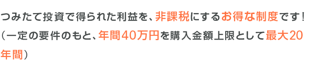 つみたて投資で得られた利益を、非課税にするお得な制度です!(一定の要件のもと、年閒40万円を購入金額上限として最大20年間)