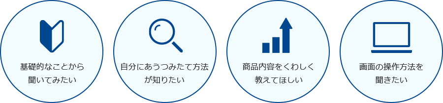 基礎的なことから聞いてみたい 自分にあうつみたて方法が知りたい 商品内容をくわしく教えてほしい 画面の操作方法を聞きたい