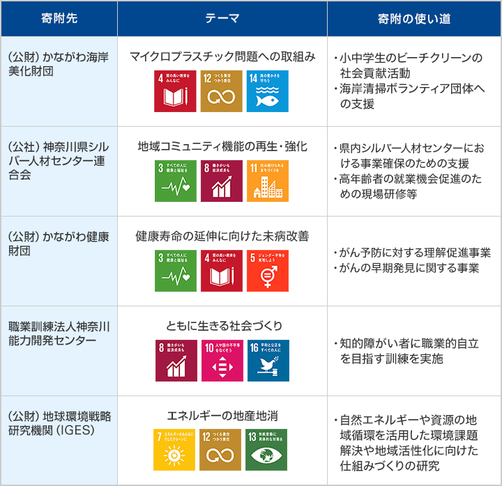 SDGs達成に向けて取り組む5団体について（表）
