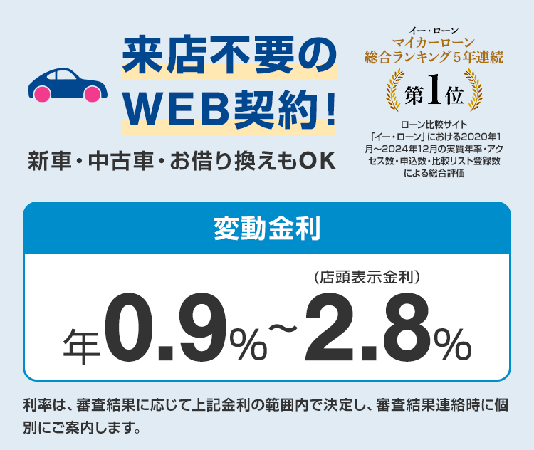 来店不要のWEB契約! 新車・中古車・お借り換えもOK 変動金利 年0.9%~2.8%(店頭表示金利) 利率は、審査結果に応じて上記金利の範囲内で決定し、審査結果連絡時に個別にご案内します。 「イー・ローン マーカーローン 総合ランキング5年連続第1位」 ローン比較サイト「イー・ローン」における2020年1月~2024年12月の実質年率・アクセス数・申込数・比較リスト登録数による総合評価