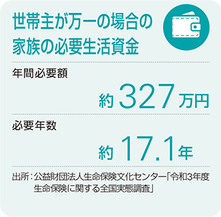 世帯主が万一の場合の家族の必要生活資金 年間必要額:約327万円 必要年数:約17.1年 出所:公益財団法人生命保険文化センター「令和3年度生命保険に関する全国実態調査」