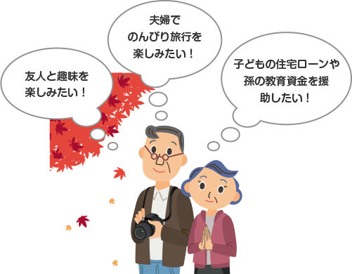 友人と趣味を楽しみたい!夫婦でのんびり旅行を楽しみたい!子どもの住宅ローンや孫の教育資金を援助したい!
